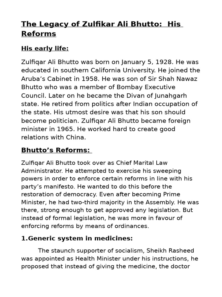 Zulfikar Ali Bhutto's Reforms and Legacy | PDF | Zulfikar Ali Bhutto ...