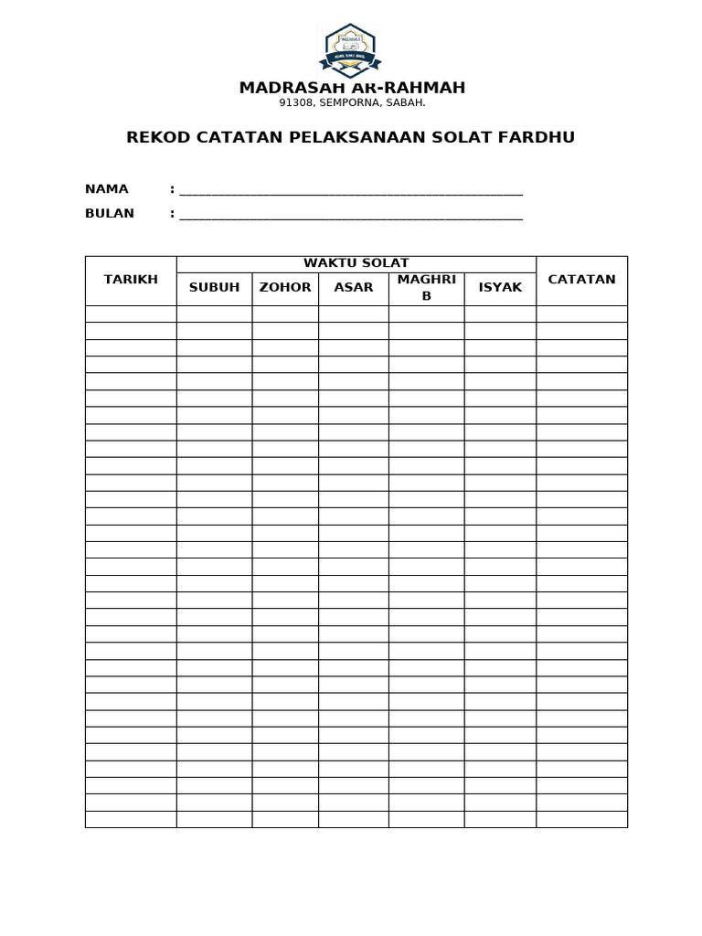Rekod Catatan Pelaksanaan Solat Fardhu | PDF