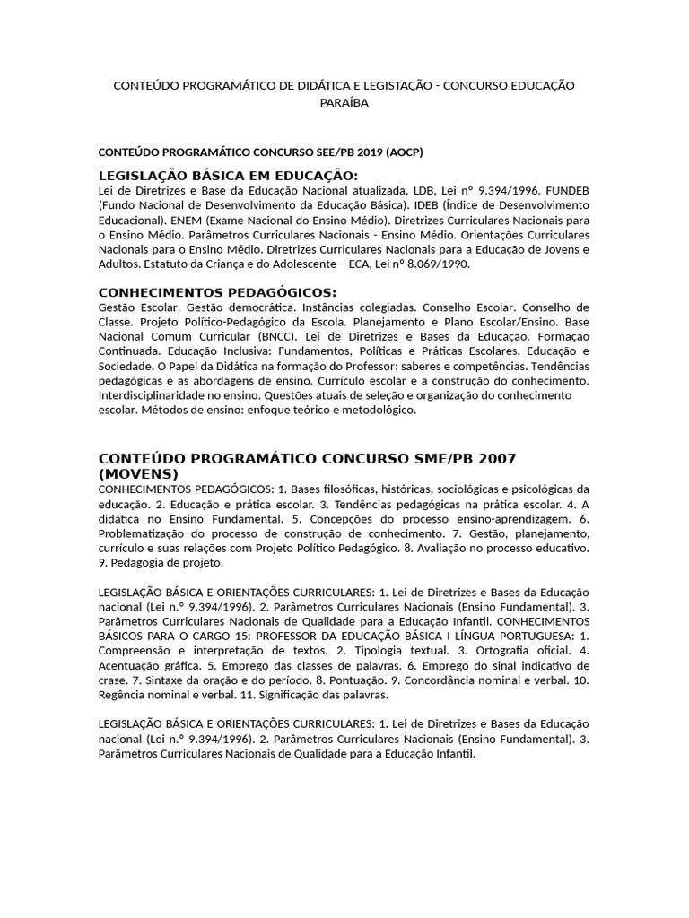 Conteúdo Programático Concurso Educação PB | PDF | Pedagogia | Aprendizado