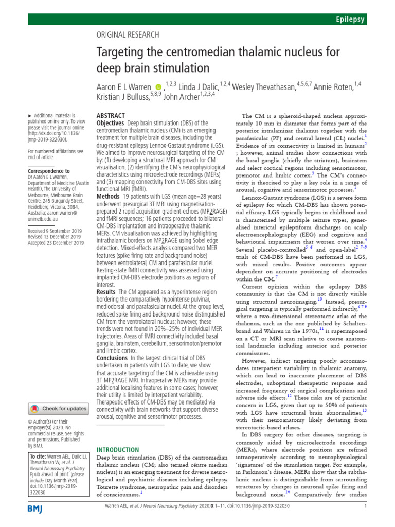 Targeting the centromedian thalamic nucleus for deep brain stimulation ...