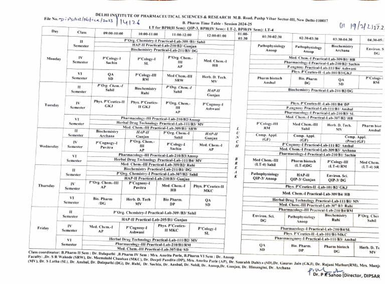 B.Pharm Time Table 2024-25 | PDF