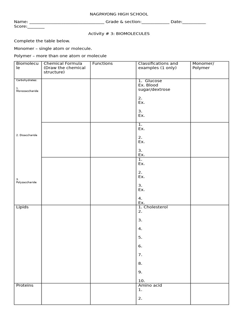 Biomolecules Activity Worksheet | PDF | Biomolecules | Carbohydrates
