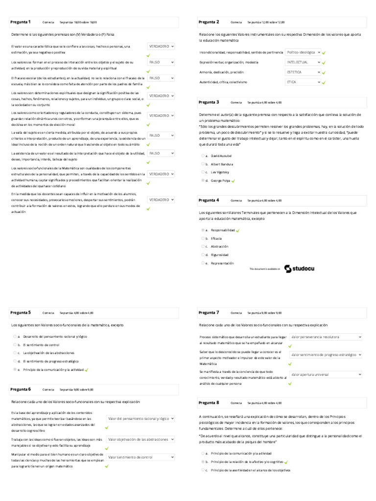 Cuestionario Integrador 3: Valores en Matemática | PDF | Evaluación ...