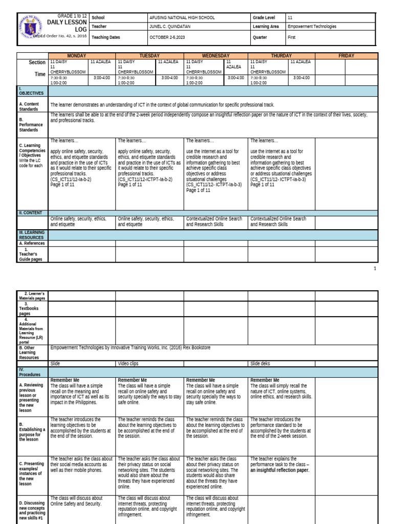 Grade 11 Empowerment Tech Lesson Plan | PDF | Educational Technology ...