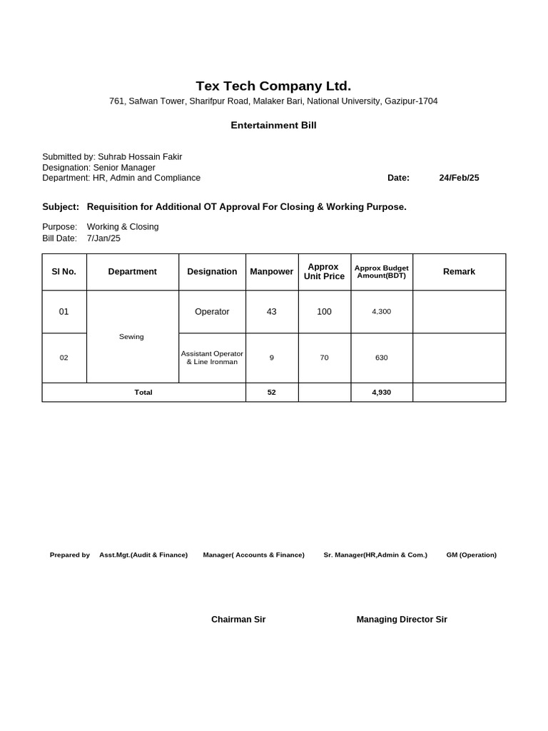 Entertainment Bill Requisition Summary | PDF