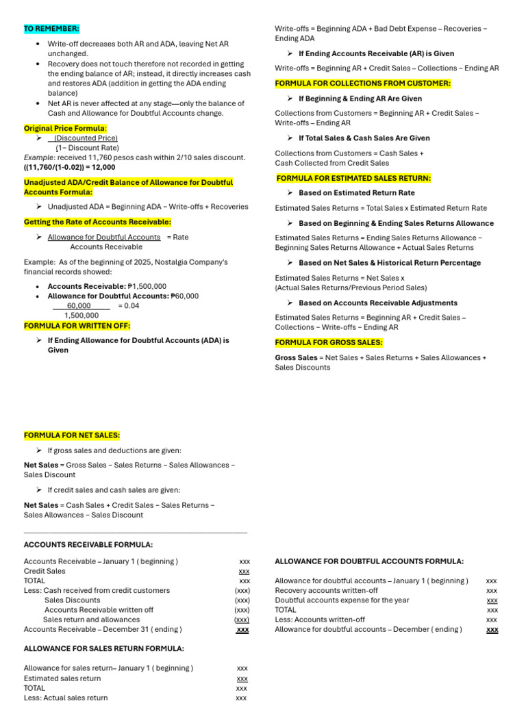 Accounts Receivable Management Formulas | PDF | Bad Debt | Revenue