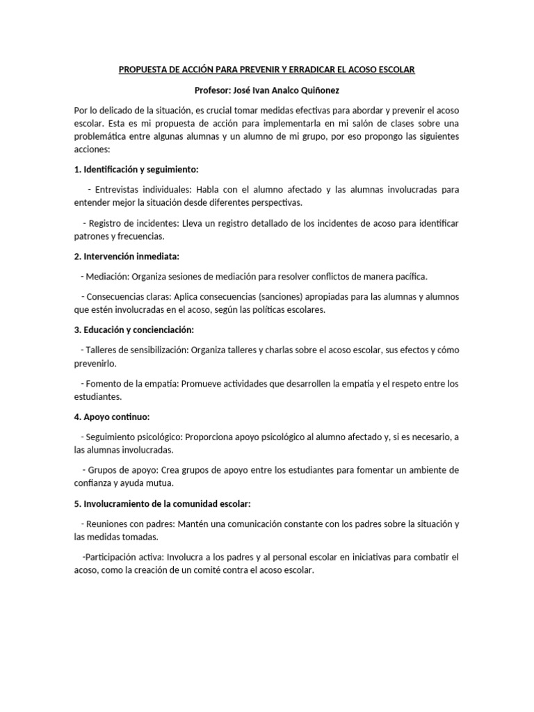 Propuesta para Erradicar el Acoso Escolar | PDF