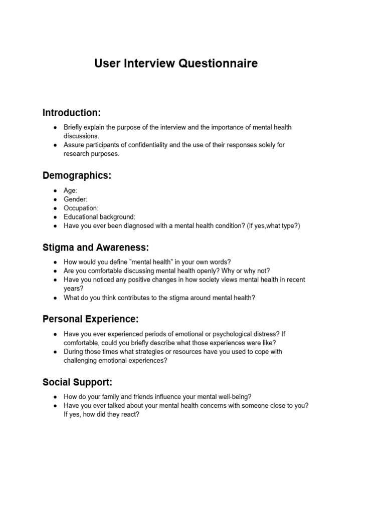 Mental Health User Interview Guide | PDF | Mental Health | Social Support