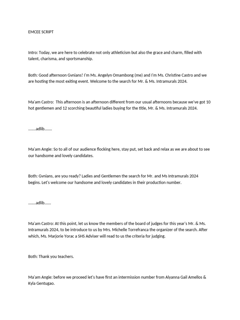 Mr. & Ms. Intramurals 2024 Emcee Script | PDF