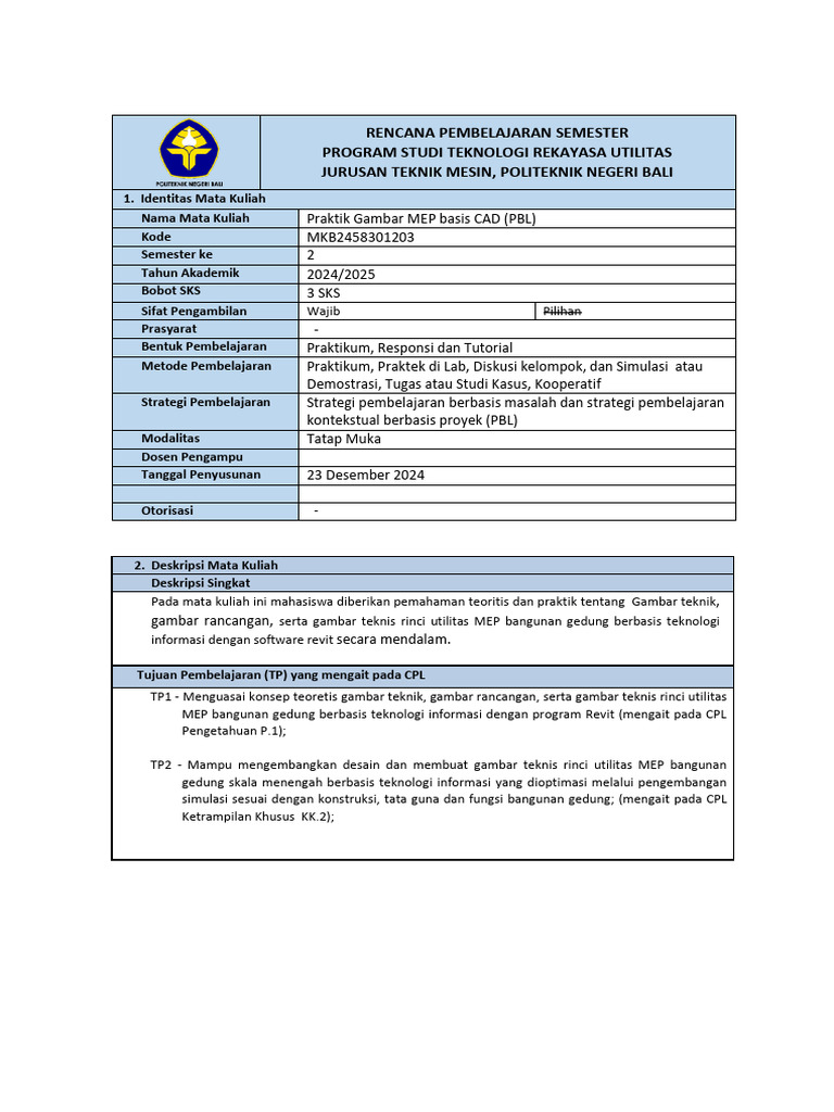 RPS Praktik Gambar MEP Basis CAD (PBL) | PDF
