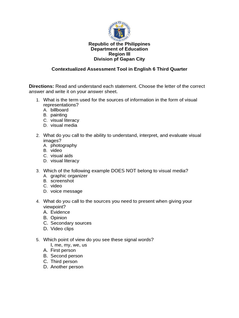 3rd Gr. 6 Assessment Tool English | PDF | Narrative | Knowledge