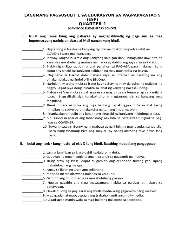 Summative Test 1 in Esp 5 Q1 | PDF