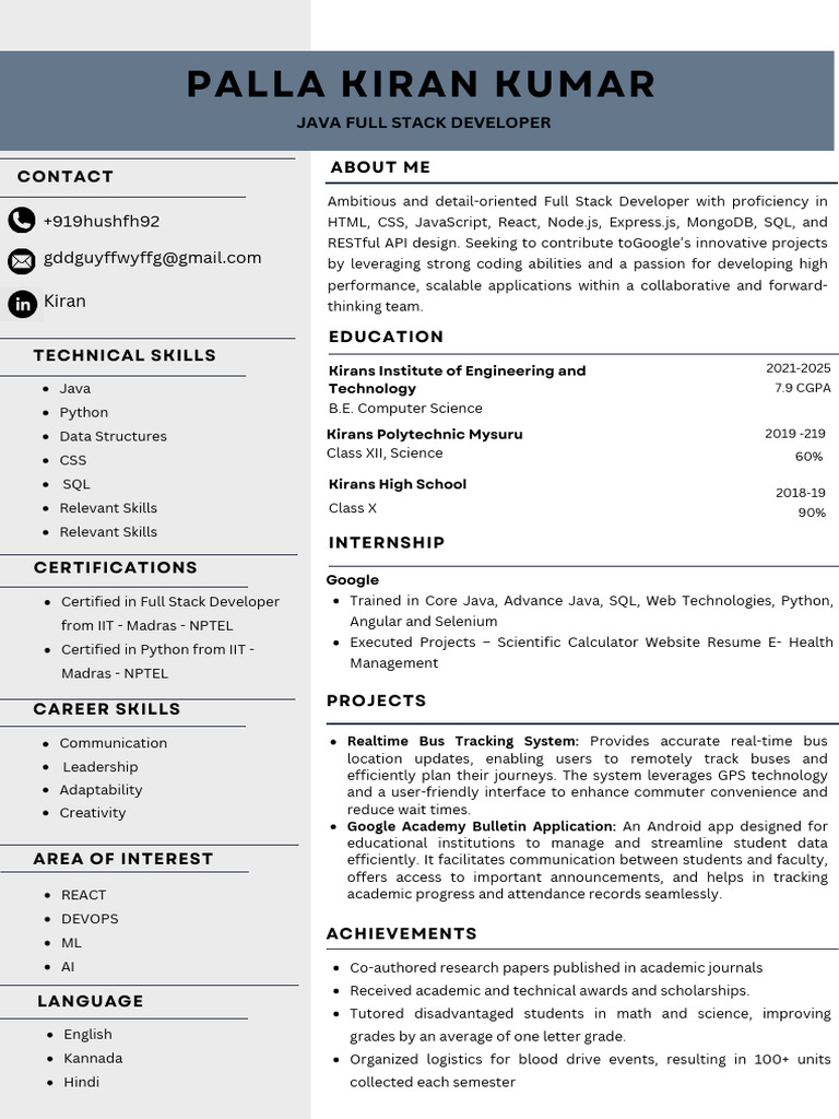 Palla Kiran Kumar: Full Stack Developer | PDF | Java (Programming ...