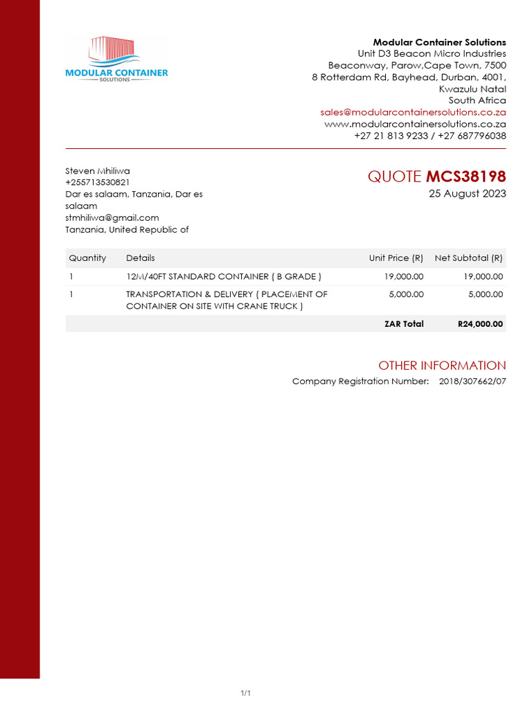 Modular-Container-Solutions Quote MCS38198 | PDF