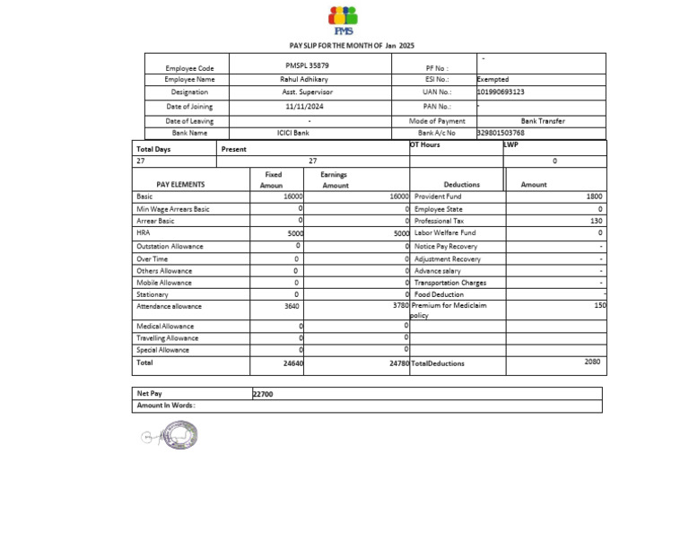 PMSPL January 2025 Pay Slip | PDF | Government Finances | Taxes