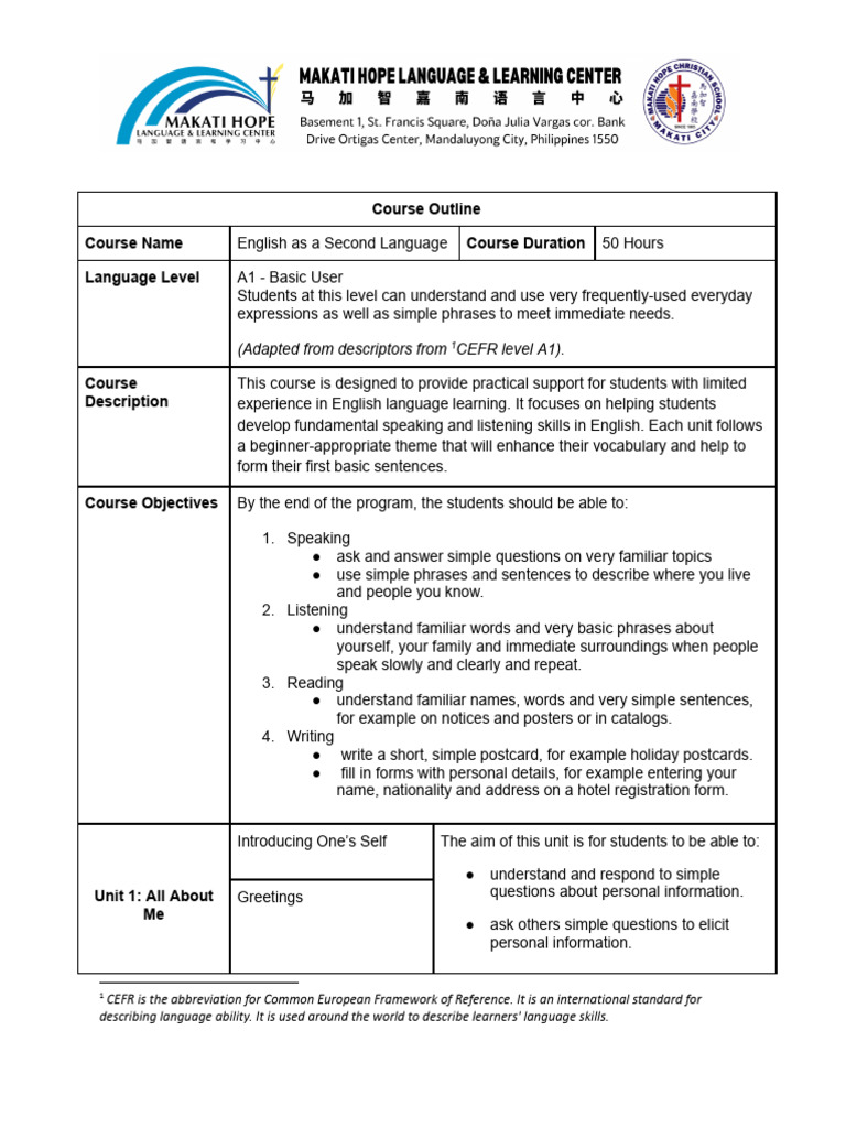 Beginner ESL Course Outline A1 Level | PDF | Cognition | Psycholinguistics