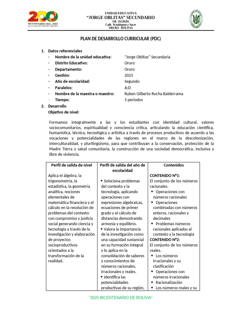 Plan de Desarrollo Curricular 2025 | PDF | Ecuaciones | Número Real