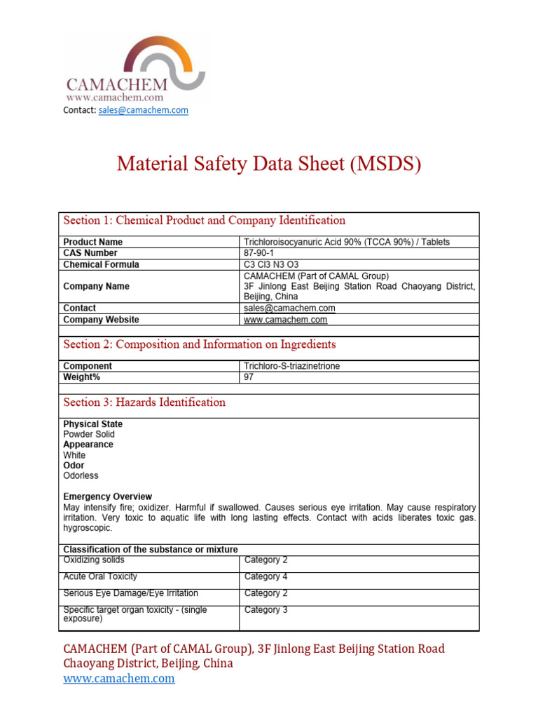 TCCA 90% MSDS - Safety and Handling Guide | PDF | Toxicity | Personal ...
