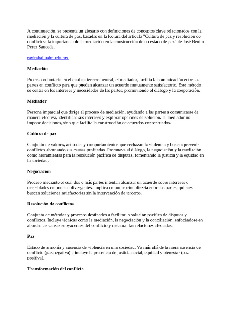 Glosario de Mediación y Cultura de Paz | PDF | Mediación | Paz