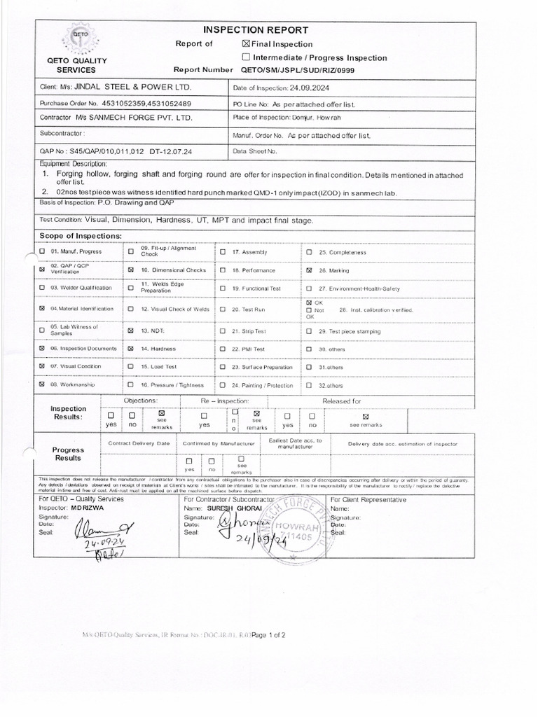 Jindal Sample Inspection Report | PDF