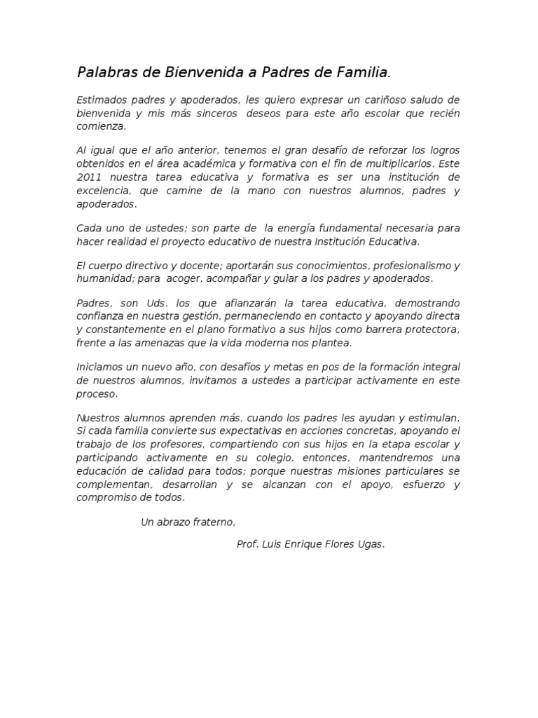 Palabras de Bienvenida a Padres de Familia