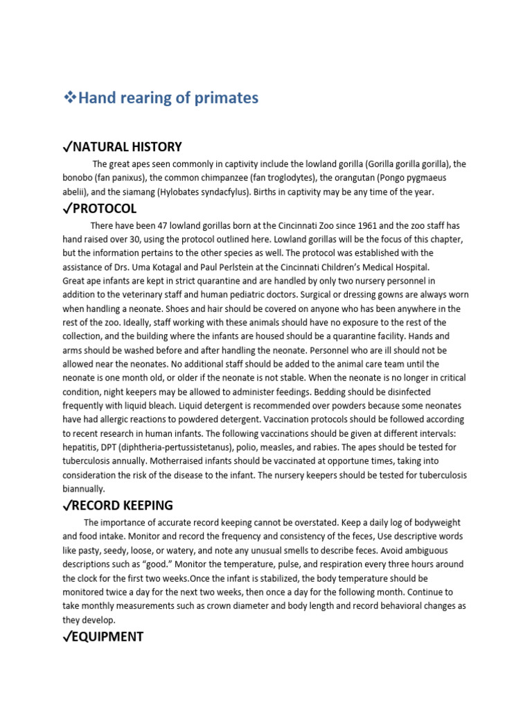 Hand Rearing Protocol for Great Apes | PDF | Diarrhea | Infants