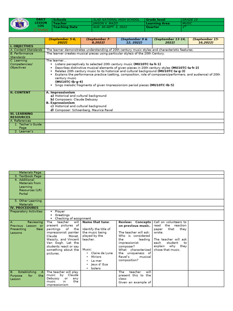 Grade 10 Music Lesson Plan: 20th Century Styles | PDF | Impressionism