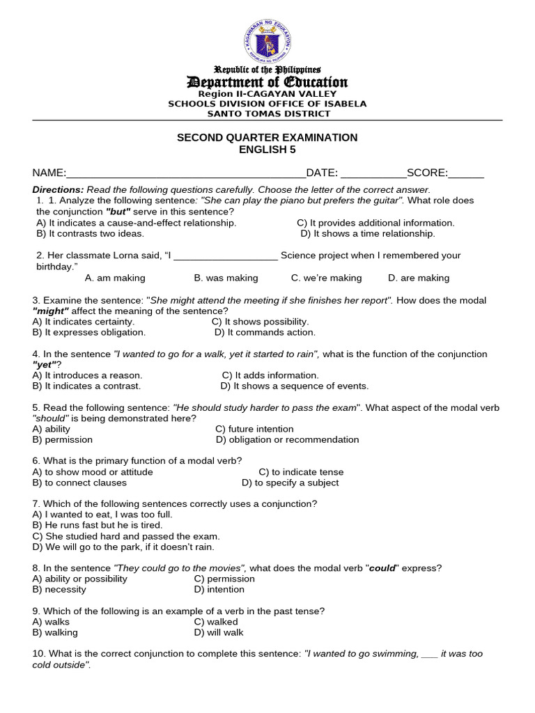 English 5 Second Quarter Exam Guide | PDF | Narration | Verb