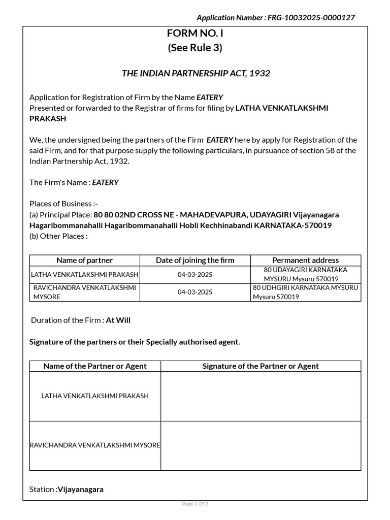 Form No. I (See Rule 3) : The Indian Partnership Act, 1932 | PDF