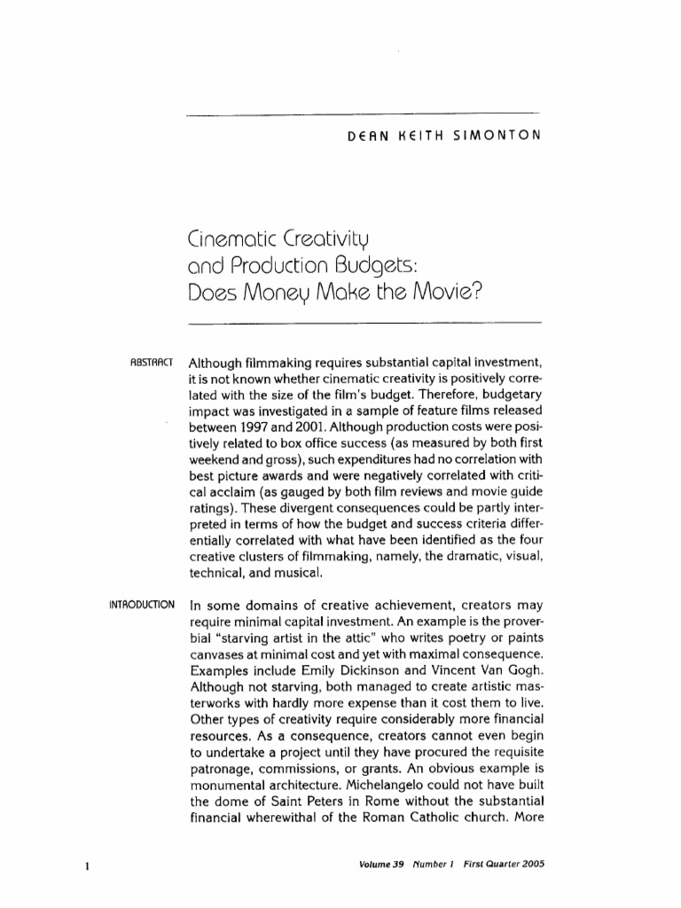 Cinematic Creativity and Production Budgets | PDF