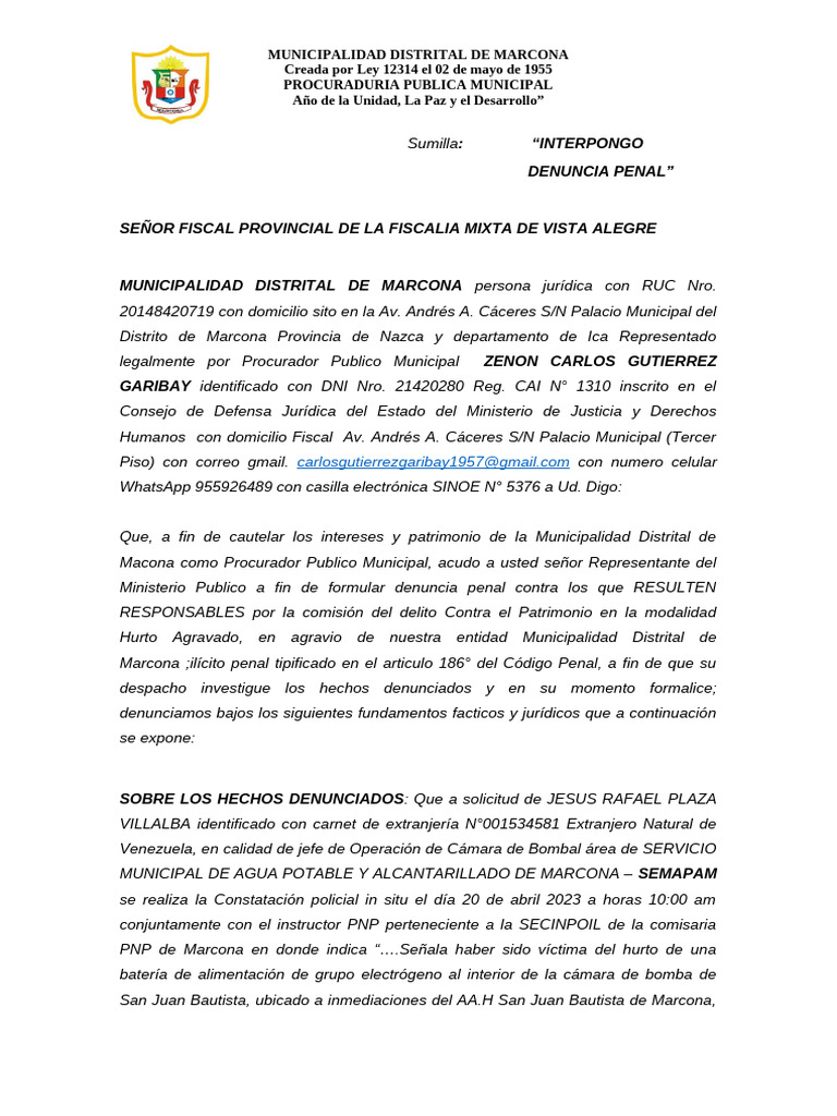 Denuncia Penal Hurto Simple | PDF | Robo | Ley común