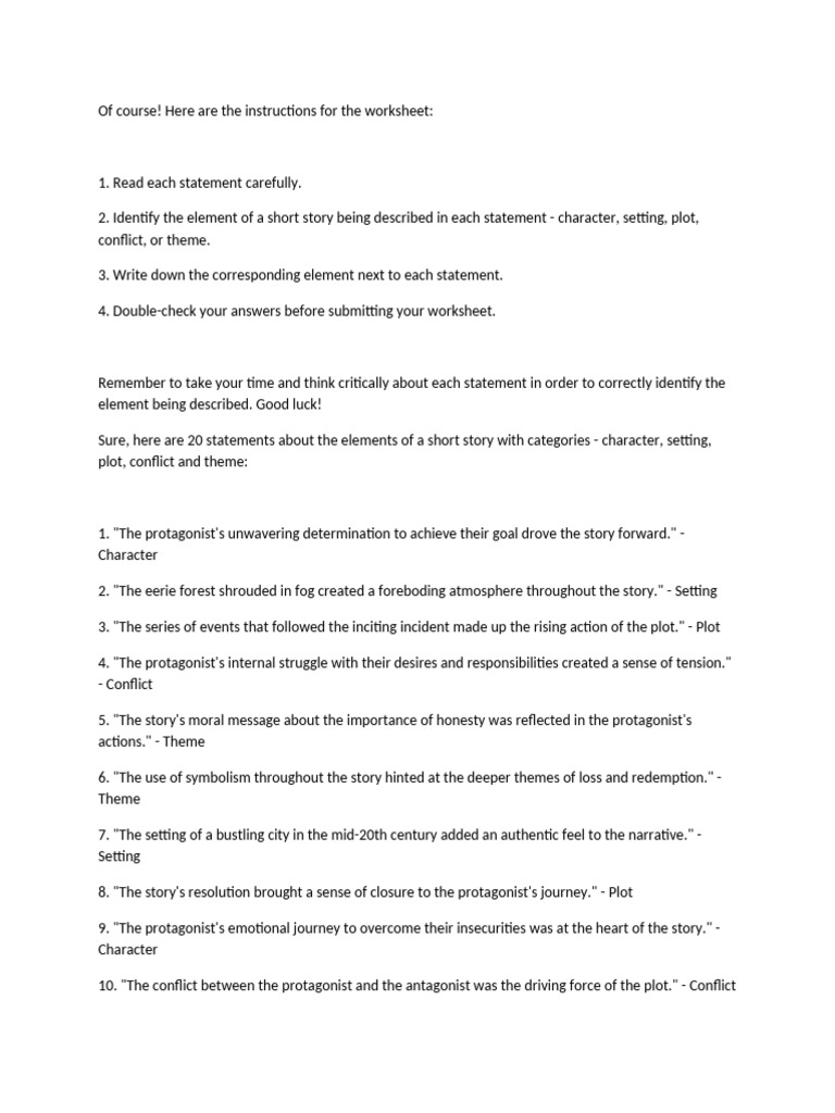 Elements of a Short Story Worksheet | PDF | Plot (Narrative) | Narrative