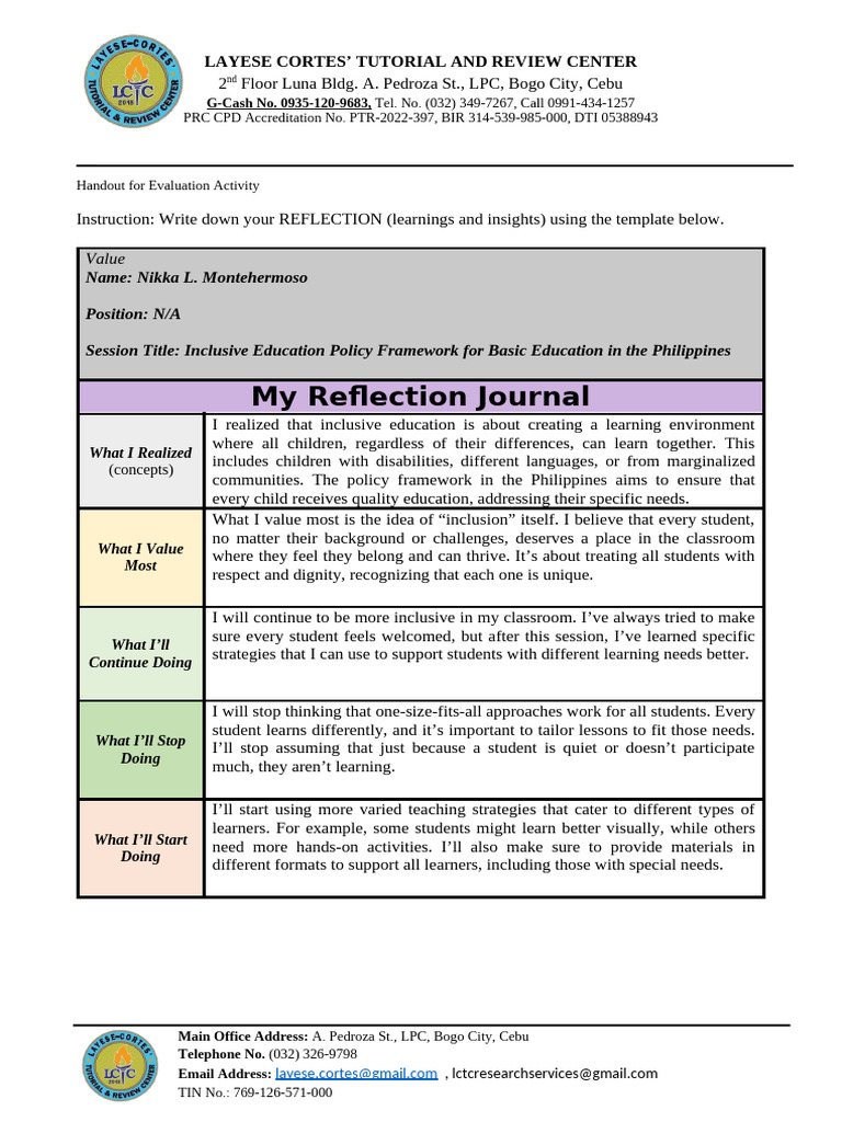 Inclusive Education Reflection Journal | PDF | Inclusion (Education ...