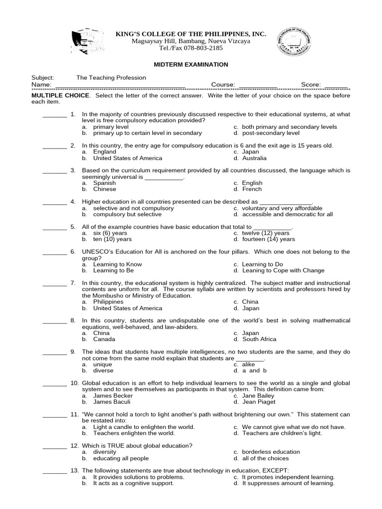 Midterm Exam: Teaching Profession Quiz | PDF | Learning | Education Theory