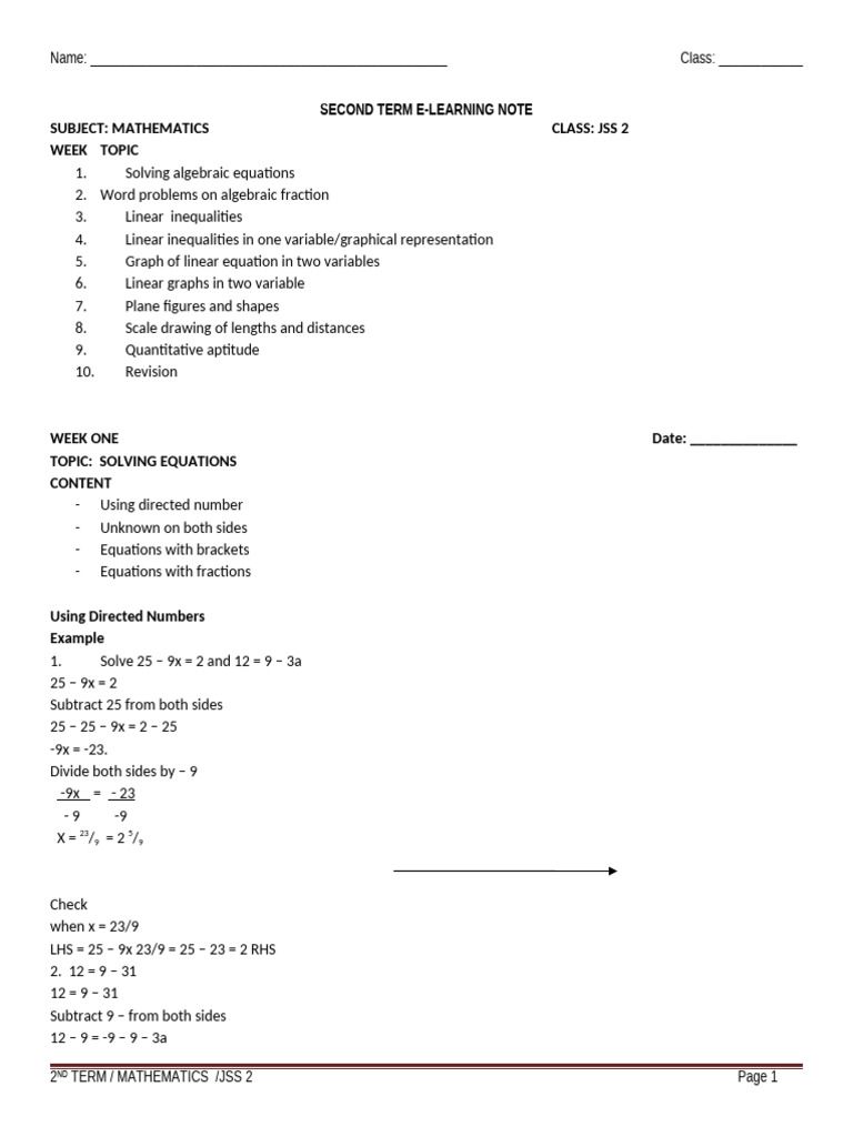 JSS 2 Mathematics E-Learning Notes | PDF | Inequality (Mathematics ...