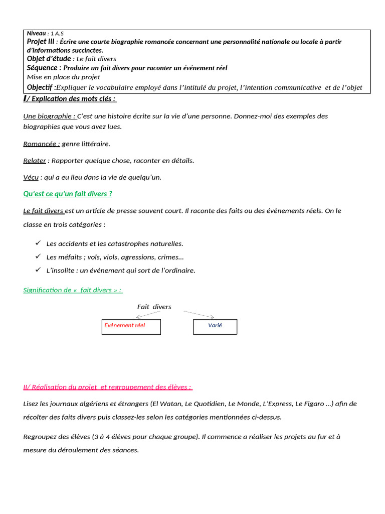 Biographie romancée et faits divers 1AS | PDF