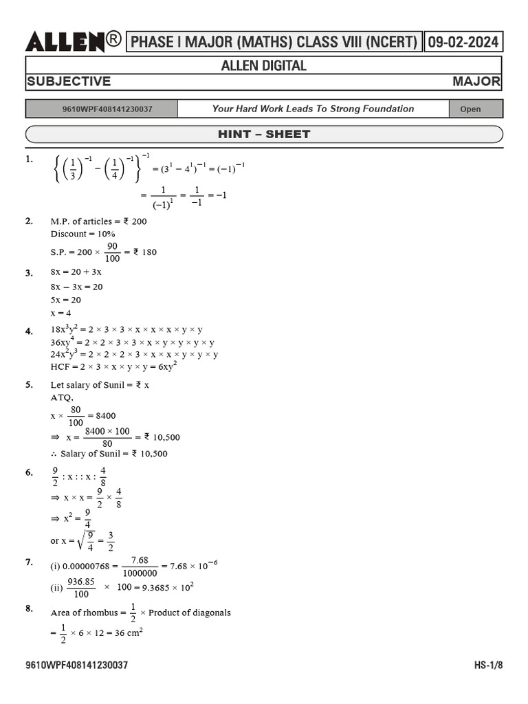 8th Major Test-1 Maths Sol l0qmr4 | PDF | Volume | Geometric Measurement