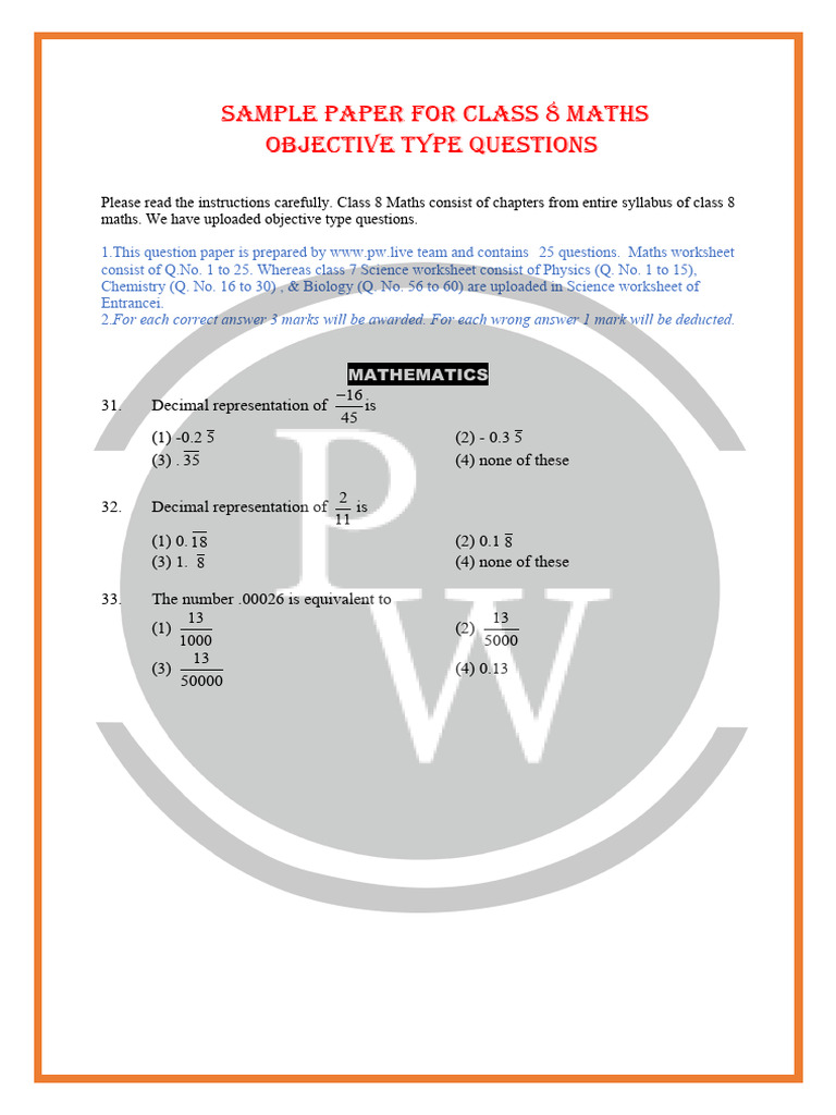 Class 8 Maths Objective Questions | PDF | Rational Number | Mathematics