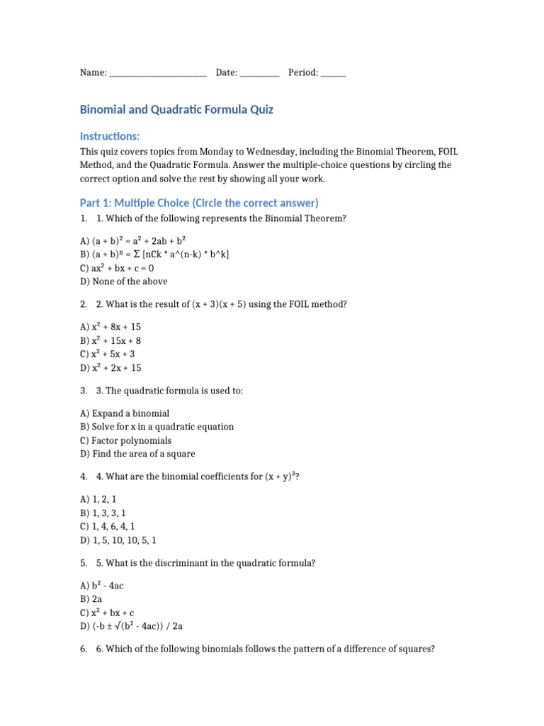 Binomial and Quadratic Quiz | PDF | Quadratic Equation | Factorization