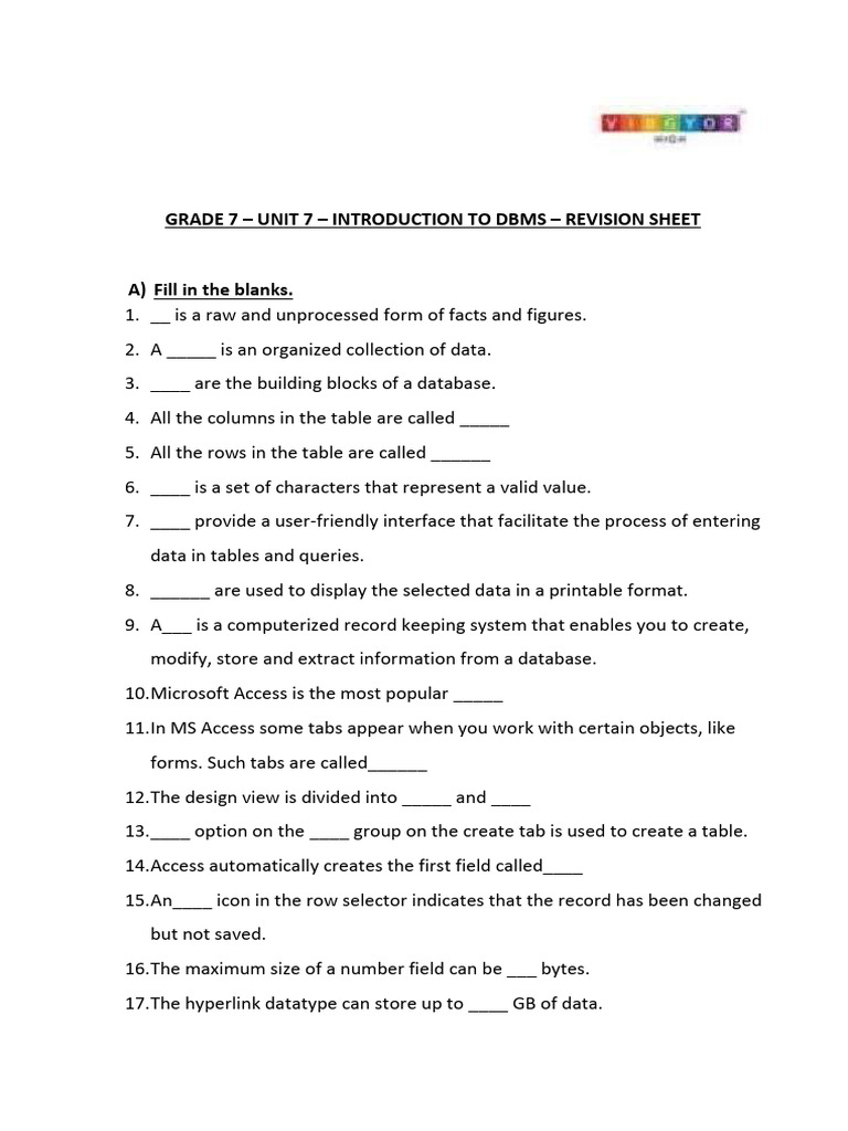 Grade 7-Computer-Unit 7 - Revision Sheet | PDF