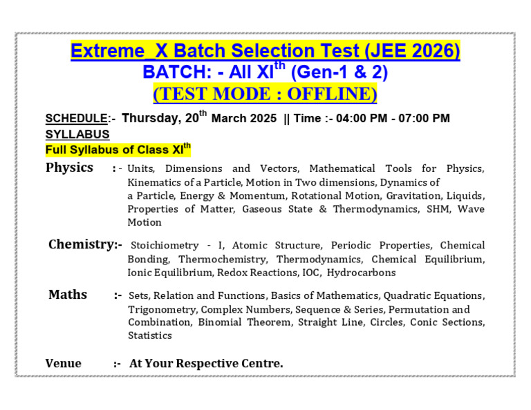 JEE 2026 XI Batch Selection Test Details | PDF
