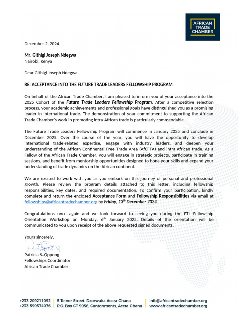 Future Trade Leaders Fellowship Acceptance | PDF