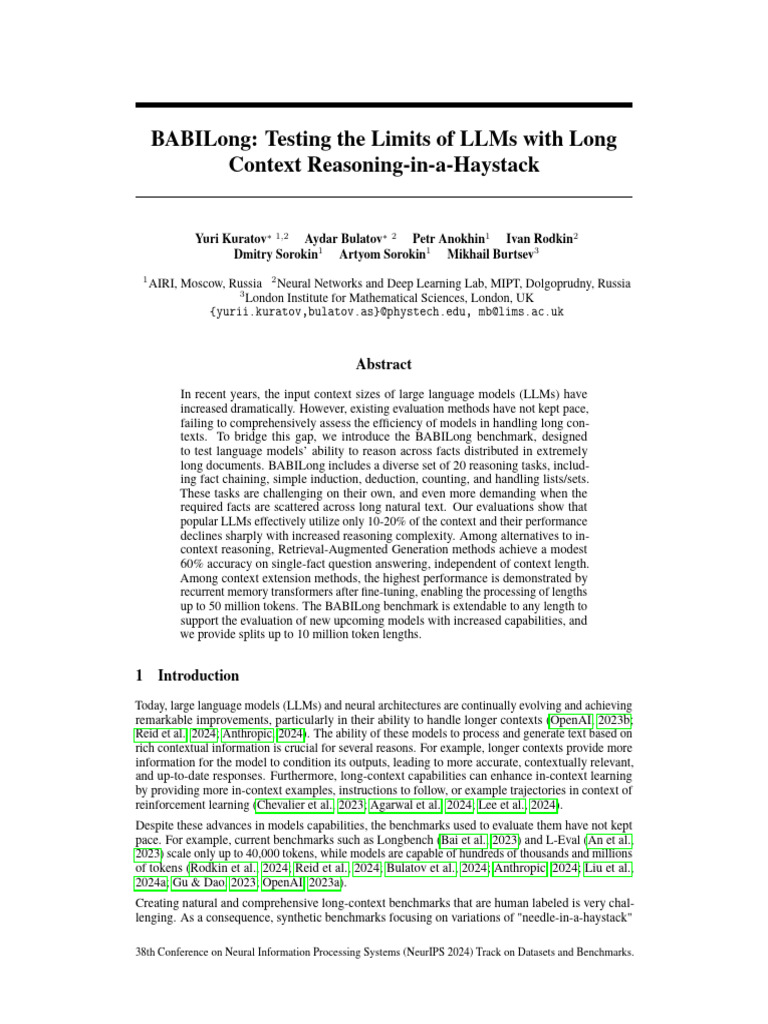 BABILong- Testing the Limits of LLMs with Long Context Reasoning-in-a ...