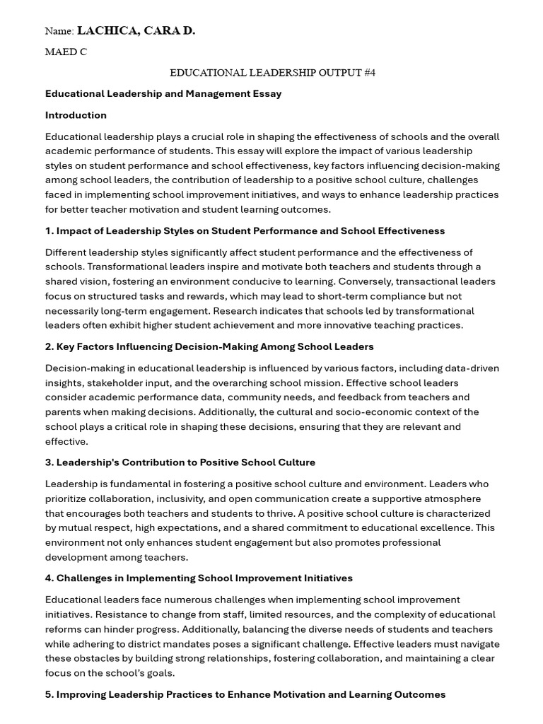 Impact of Leadership on School Success | PDF | Leadership | Motivation