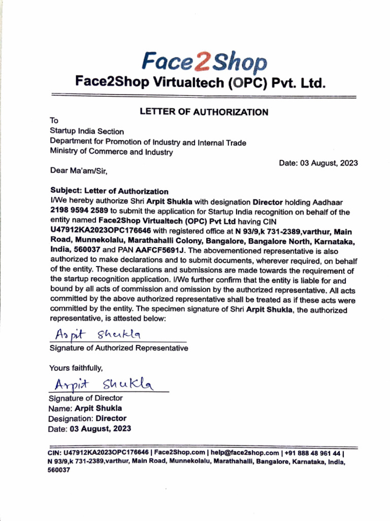 Authorization Letter for Startup India | PDF