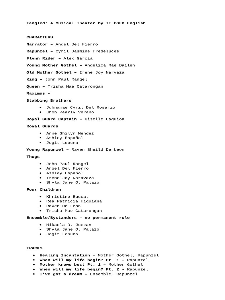 Tangled: Musical Cast and Tracks Guide | PDF | Rapunzel
