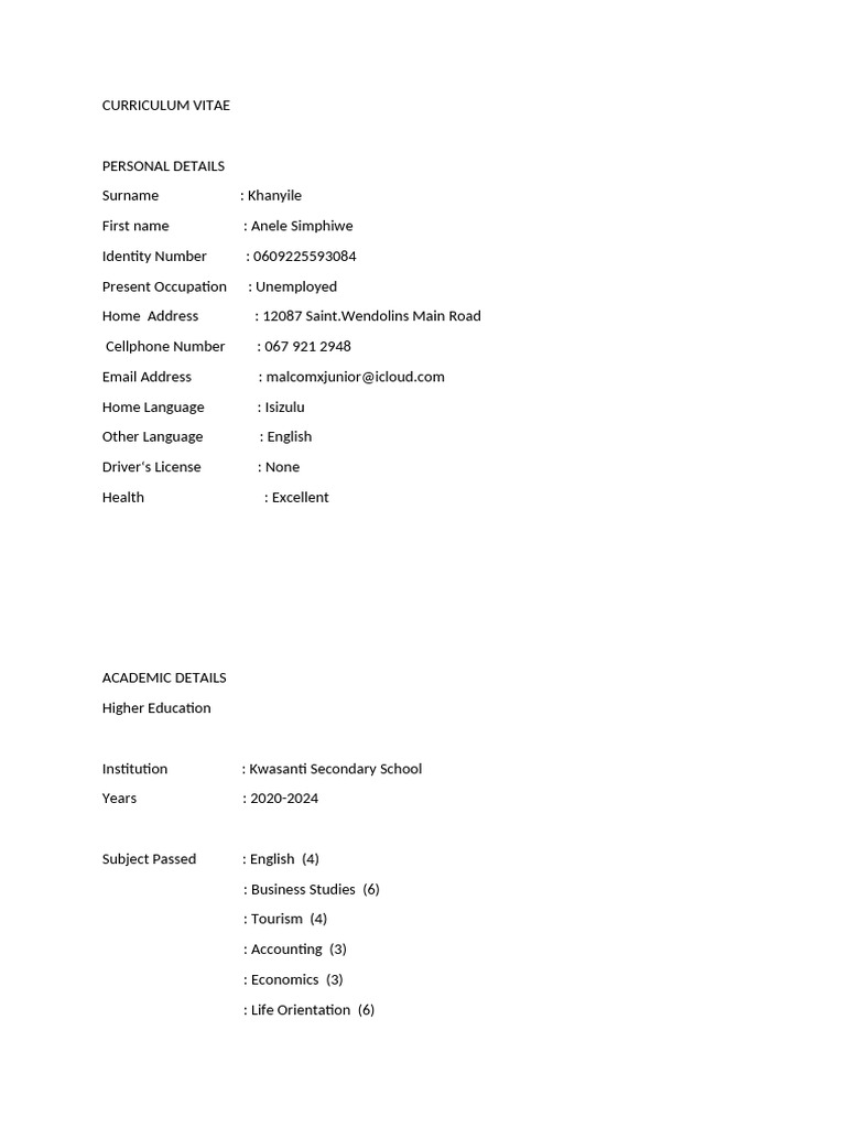 Anele Khanyile CV and Academic Profile | PDF