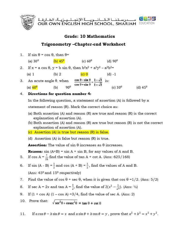 10th Grade Trigonometry Worksheet | PDF | Trigonometry | Mathematics