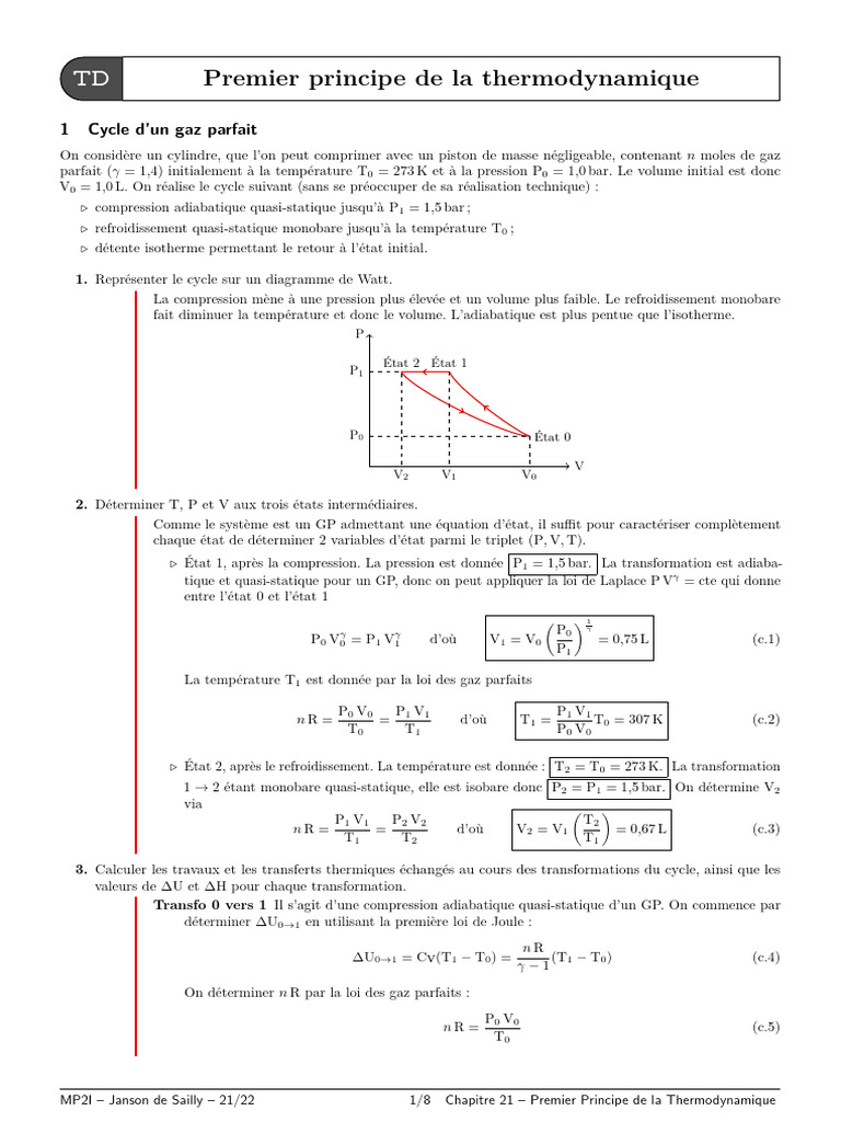 TD sur le Premier Principe de Thermodynamique | PDF | Enthalpie ...