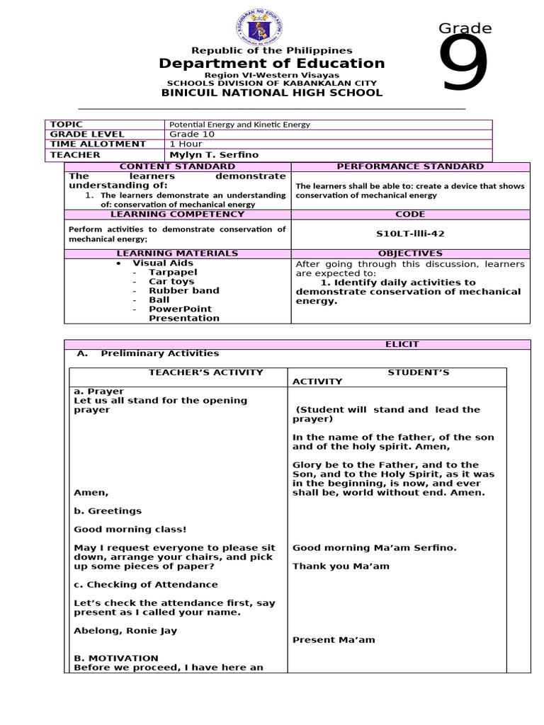 LP IN S9 (Daily Activities) | PDF | Potential Energy | Kinetic Energy
